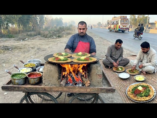 50 YEAR Old HIGHWAY STREET CART 😱LAHORI Street Food ALOO PRATHA WITH SAAG & MAKHAN| DESI STREET FOOD