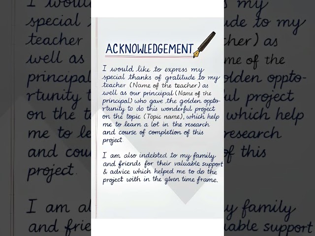 Acknowledgement Writing for Project | Simple & Neat Handwriting Example