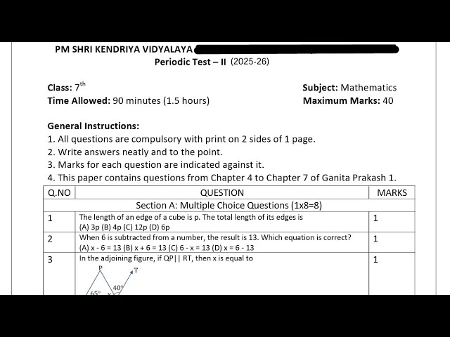 Class-7 Maths / PT-2 Exam Question Paper Session 2025-26/ PM SHRI KENDRIYA VIDYALAYA 