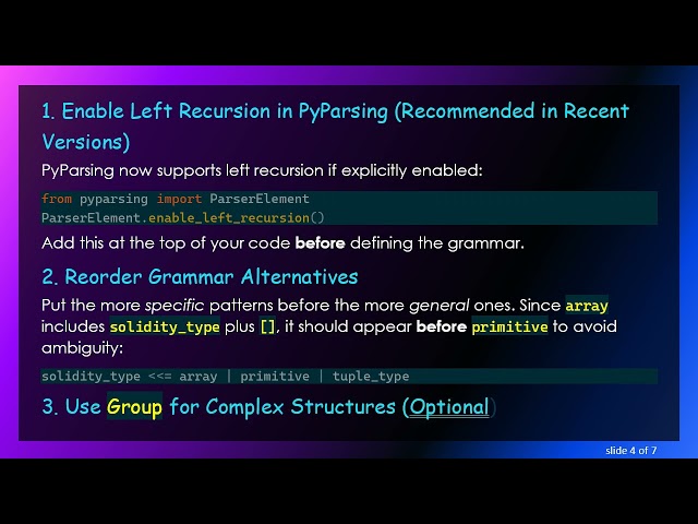 Fixing RecursionError in PyParsing Grammars for Solidity Method Signatures