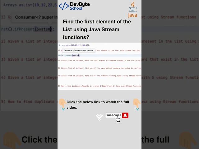 Find the first element of the List using Java 8 Stream functions?  | DevByteSchool