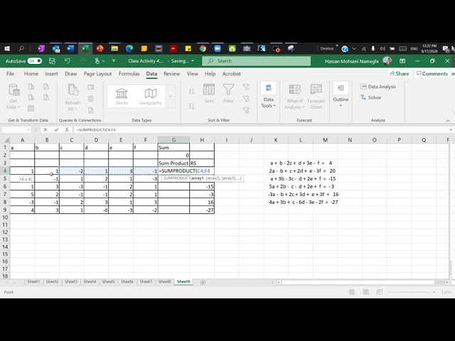 Solve a system of linear equations using Excel Solver