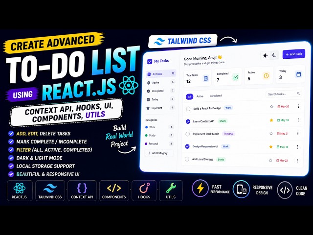 ✅ Advanced To-Do List Using React.js | Context API, Hooks, Tailwind CSS & Modern UI