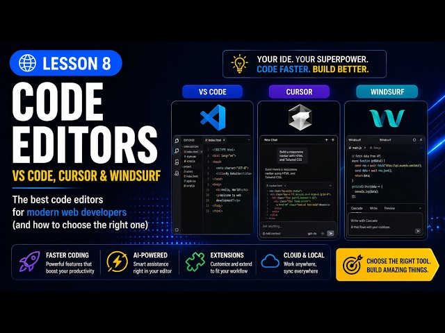 Lesson 8 - Best Code Editors for Web Developers | VS Code, Cursor & Windsurf