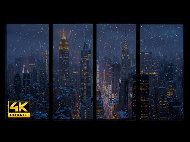24/7 Winter Night Window View of New York City in 4K ❄️ Wind Sounds, Calm Snowfall for Sleep, Focus