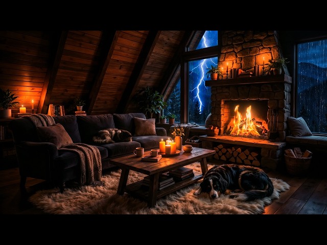 Deep Sleep Rain & Thunder Sounds in Cozy Cabin ⚡ Warm Attic Room with Sleeping Pets 💤
