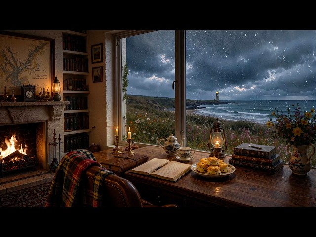02 Streaming Scottish Ambience: Rainy Coastal Library 🌧️ Celtic Music, Rain & Cozy Gothic Fireplace