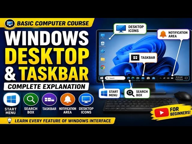 Windows Desktop & Taskbar Complete Explanation | Basic Computer Course for Beginners