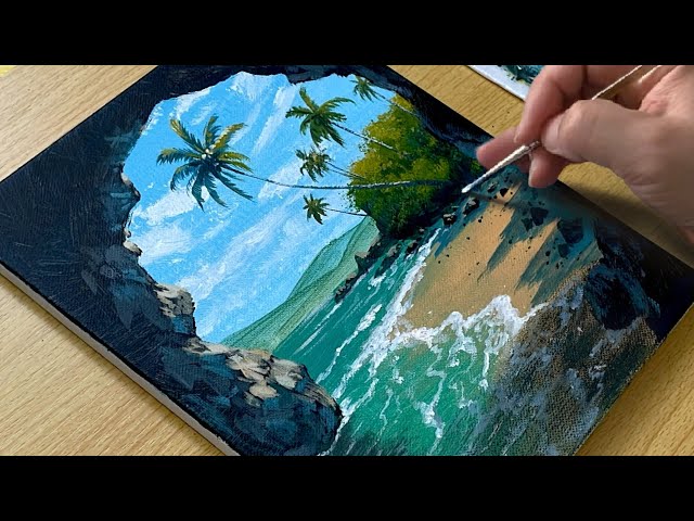 “Painting a Tropical Beach View from a Cave | Easy Acrylic Tutorial”
