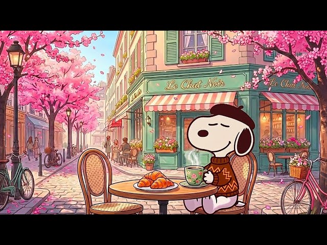 Cherry Blossom Café in Paris 🌸 Peaceful Morning with Snoopy