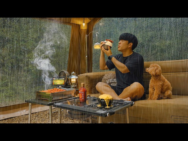 Pitter-Patter Rain Camping with My Dog . New 2-Room Inflatable Tent . Rain Sounds ASMR