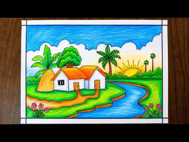 How to Draw a Beautiful River Village Sunset Scenery 🌅 | Easy Drawing Step by Step for Beginners
