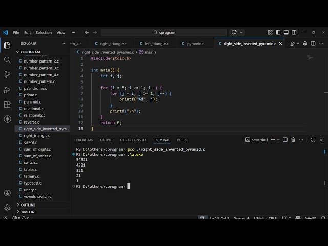 Printing right side of an inverted pyramid using C program using nested for loop