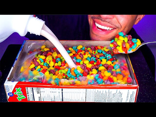 ASMR EATING TRIX CEREAL OUT OF THE BOX MILK POUR SPOON MOUTH SOUNDS NO TALKING LIFE HACK