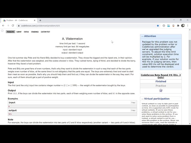 Codeforces problem A4 Watermelon (Answer and explanation)