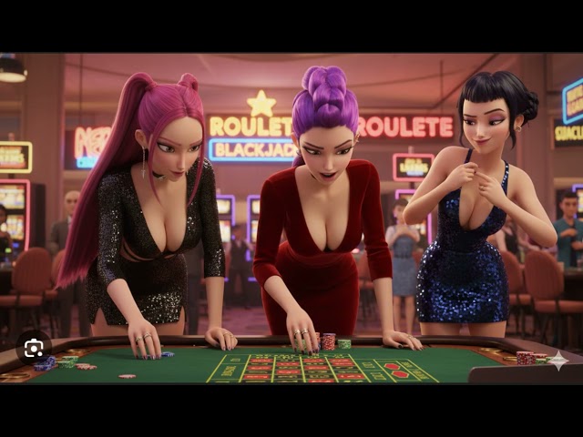 KPop Demon Hunters 2 Huntrix leaning over the roulette table to place bets with seductive precision