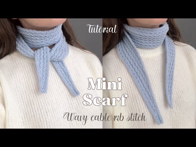 Knitting a mini scarf tutorial 🩵 How to knit small scarf in wavy cable rib stitch 🌊