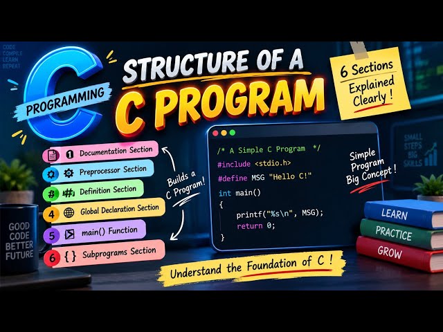 Structure of C Program Explained 🔥 | 6 Sections of C Program | C Programming for Beginners