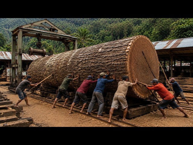 Extreme Sawmill Skills | Precision Cutting of GIANT Teak Logs with a Vertical Bandsaw