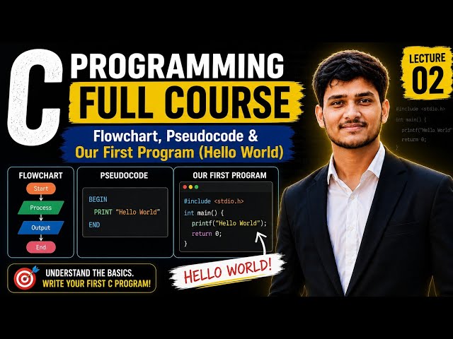 C Programming #2 🔥 Flowchart, Pseudocode & Your First C Program | Hello World | Full Course