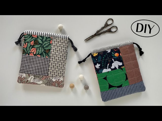 PATCHWORK DRAWSTRING BAG ~ free pattern. Quilted, fully lined bag. #sewingtutorial #learntosew #sew