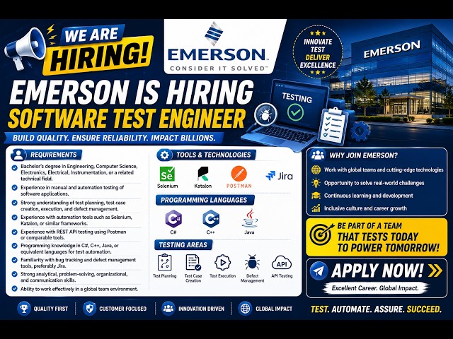 🔥 Emerson Software Test Engineer Hiring 2026 | Manual & Automation Testing | Selenium | Apply Now