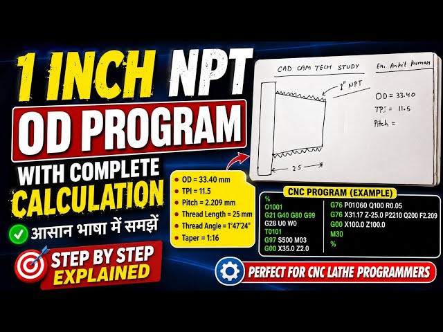 1" NPT Thread Complete Calculation | OD, Minor Dia, Pitch, Taper & G76 CNC Program
