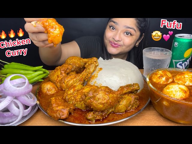 NIGERIAN DISH FUFU WITH SPICY CHICKEN CURRY 🔥 AND SPICY EGG CURRY|SPICY CHILLIES EATING|EATING SHOW