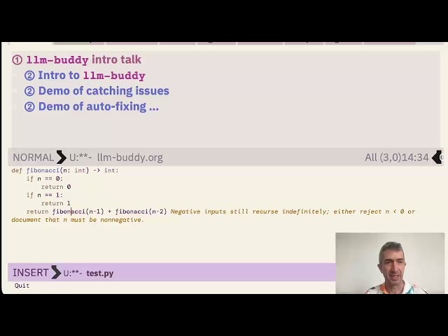 llm-buddy demo: automatic error detection and fixing in Emacs!