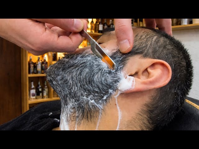 Asmr Professional beard shaving with a razor and facial waxing.