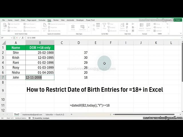 How to Restrict Date of Birth Entries for Equal to 18 or 18+ in Excel - Excel Tips and Tricks