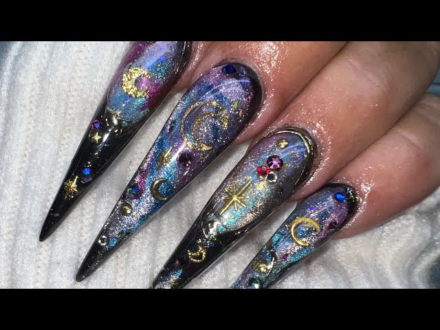 HOW TO GALAXY CATEYE ACRYLIC STILETTO NAILS!