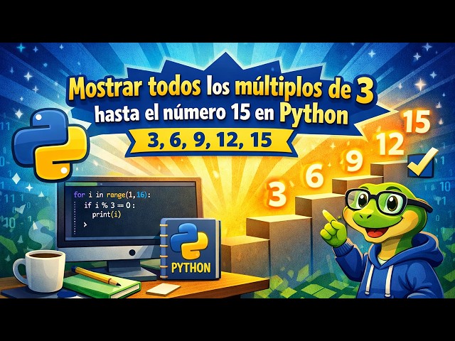Display all multiples of 3 up to the number 15 in Python
