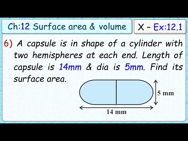 Ex:12.1 - Q.6) A medicine capsule is in shape of a cylinder with two hemispheres stuck to each end.