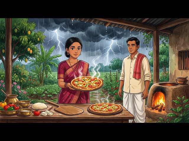 Homemade Paneer Pizza in Heavy Rain | From Fresh Milk to Wood Fired Pizza | Cozy Village ASMR