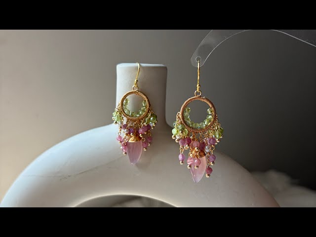 Tutorial Peridot and pink tourmaline cluster Earrings#earrings #earringsdesign #earringslover