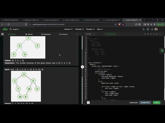 Morris Traversal Binary Tree | Inorder Traversal | GFG Solution in C++ |  Space Complexity O(1)