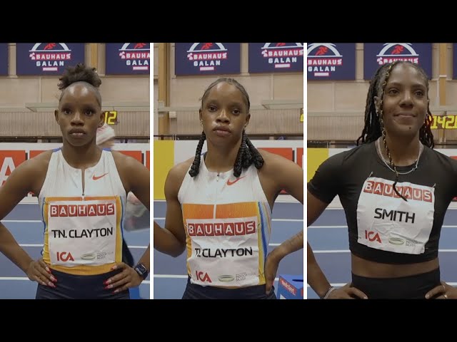 Tia Clayton, Tina Clayton and Jonielle Smith battle in 60m thriller