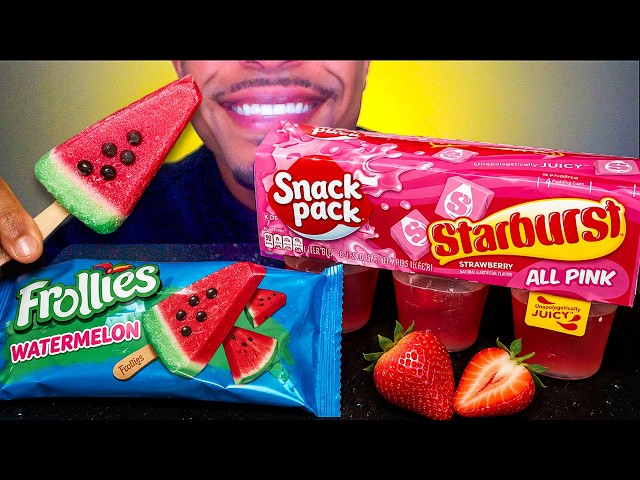 ASMR PINK VS WATERMELON FROLLIES WATERMELON POPS & STARBURST PINK GELATIN EATING MUKBANG
