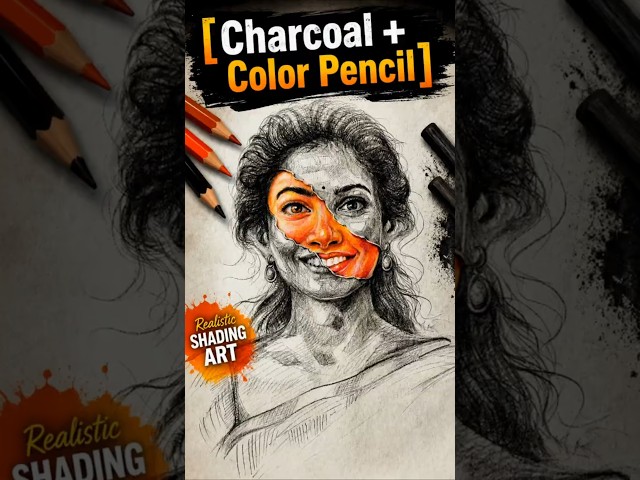 Charcoal + Color Pencil 😱 | Realistic Portrait Drawing & Shading #Shorts #art