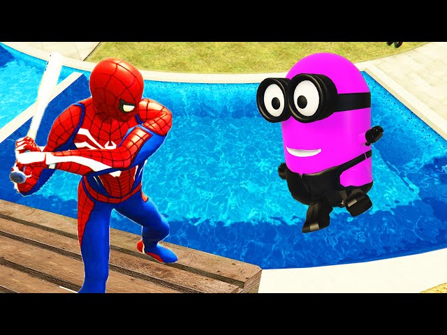 GTA 5: Spiderman vs Rainbow Minions – Extreme Trampoline Jumps & Water Fails! (LIVE)