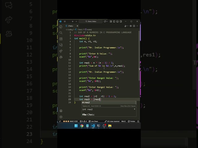 sum of n numbers in c programming | day - 47 #cprogramming #shorts #coding #interview #viral #yt