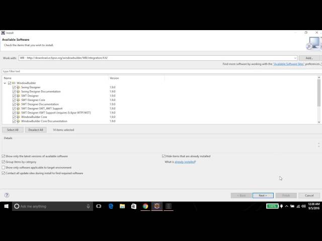 Installing WindowBuilder on Eclipse Neon for JAVA SWING GUI Development