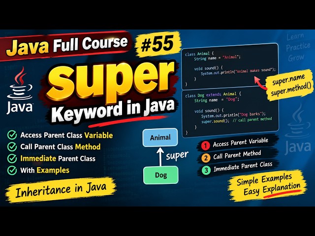 Java Full Course | 55 - super Keyword in Java | Access Parent Class Variable & Method | Inheritance