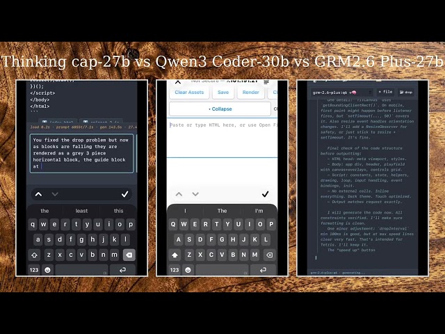 Tetris HTML comparison Thinking Cap 27b vs Qwen 3 Coder 30b vs GRM2.6 27b