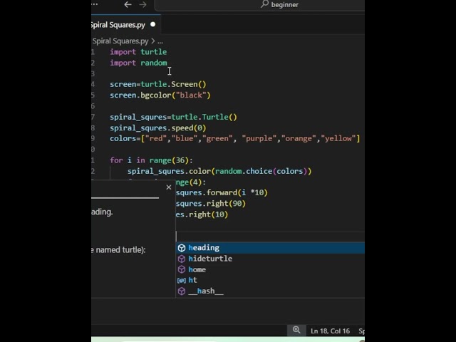 Mesmerizing Spiral Squares: Create Stunning Patterns with Turtle Graphics! |#coding #quickcoding #py