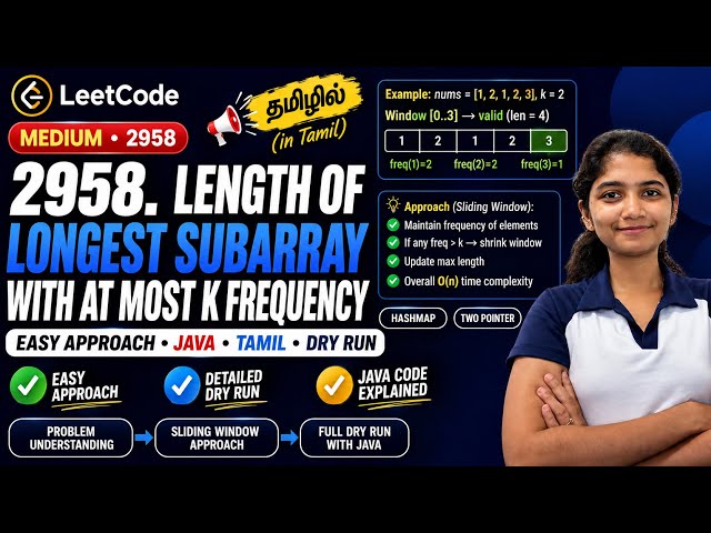 LeetCode 2958 – Length of Longest Subarray With at Most K Frequency | Easy Java Tamil