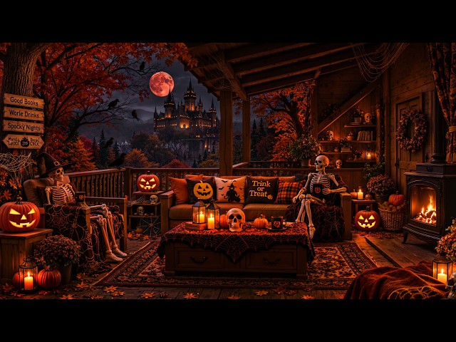 Mysterious Night on the Forest Autumn Porch 🎃 | Tranquil Halloween Jazz & Ghostly Fireplace Sounds