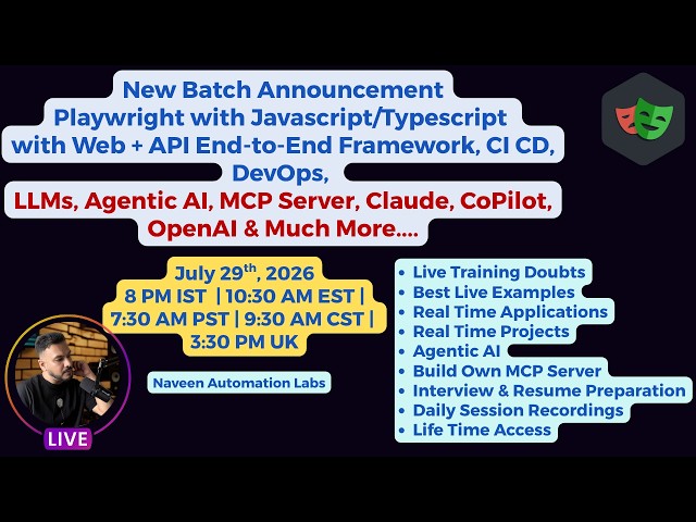 NEW BATCH ANNOUNCEMENT:Playwright JavaScript/TypeScript Training: 29th July 2026 (Registration Open)