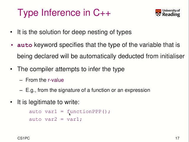 CS1PC C++ Week 3-2-3: The auto type in C++ and type inference at compile time